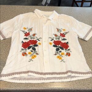 Abercrombie & Fitch Linen Floral Embroidered Button-Up Shirt